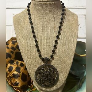 Vintage Glass Mourning Bead Victorian Style Medallion Necklace 16”